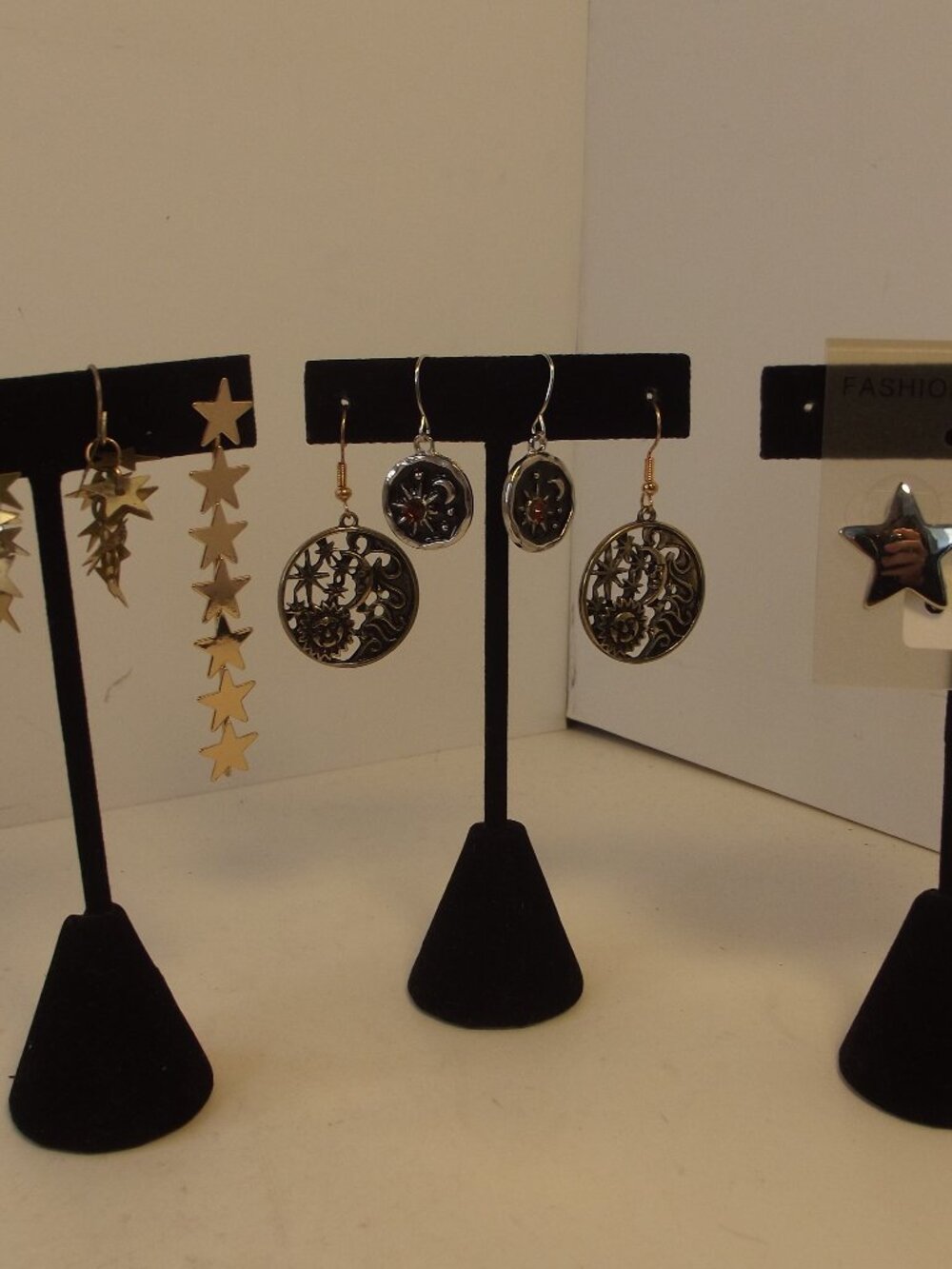 Star & Moon Earring Lot - Pierced Ears 5 Pair Gold Tone Silver Tone Stars & Moon